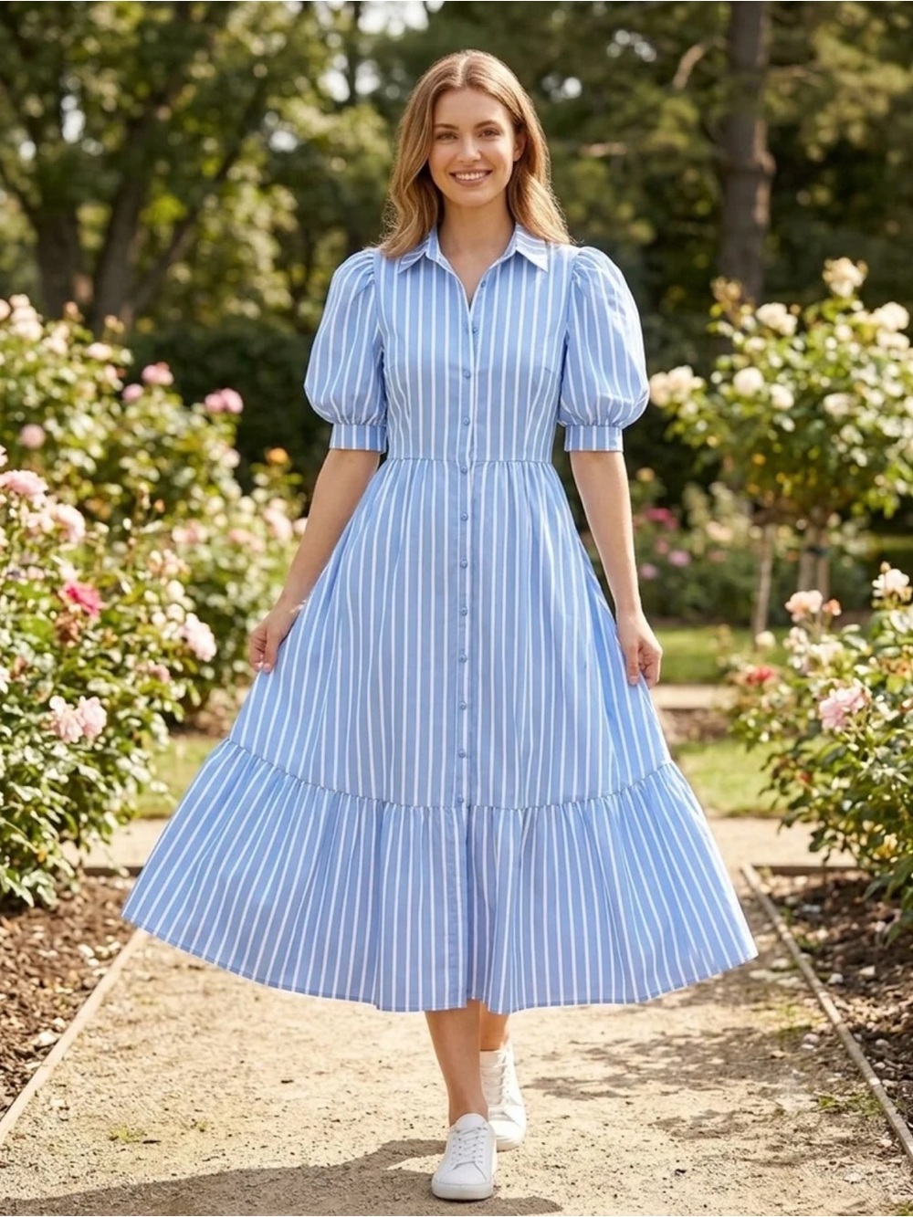 Blue & White Striped Button-Front Midi Dress | Puff Sleeve Shirt Dress | Size M